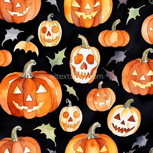 Seamless 3D PBR Texture Featuring Watercolor Halloween Pumpkins and Leaves