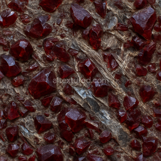 Seamless 3d texture pbr 8k of raw garnet rough stone with deep red crystal shards and natural mineral veins