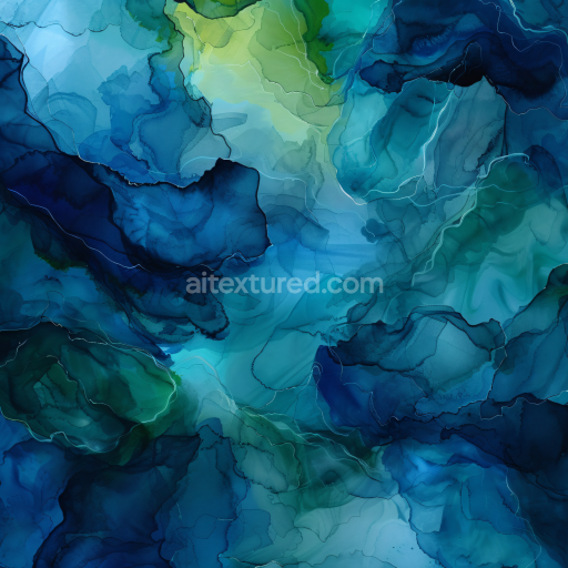 Seamless 3D Alcohol Ink PBR Texture Featuring Fluid Blue and Green Waves with Organic Veins