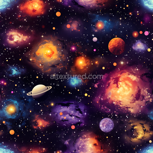 Seamless 3D Space PBR Texture Featuring Vibrant Nebulae, Galaxies, and Colorful Planets