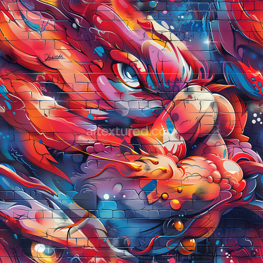 Seamless 3D PBR Graffiti Texture Featuring a Vibrant Red Dragon Mural on Brick Wall