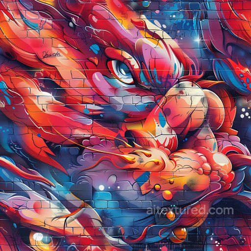 Seamless 3D PBR Graffiti Texture Featuring a Vibrant Red Dragon Mural on Brick Wall texture preview