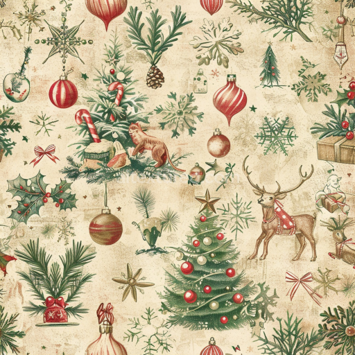 Seamless 3D PBR Texture Featuring Vintage Christmas Illustrations and Patterns