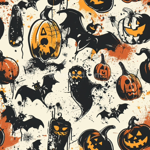 Seamless 3D PBR Texture of Cartoon-Style Pumpkins, Bats, and Ghosts