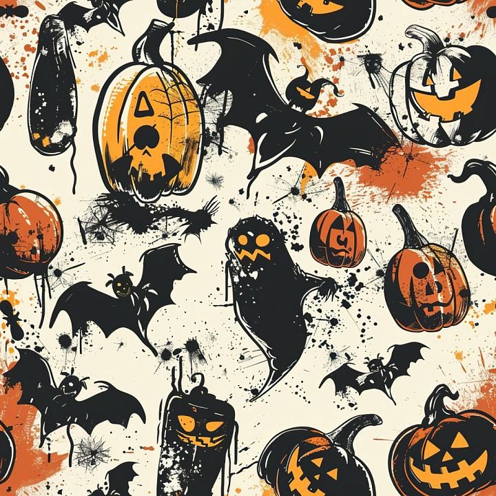 Vintage Halloween Pattern Featuring Pumpkins, Bats, and Ghosts seamless PBR texture preview