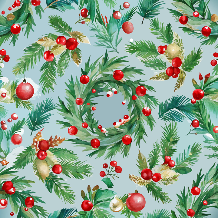Watercolor Christmas Greenery and Red Berries seamless PBR texture preview