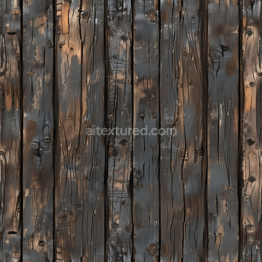 Seamless 3D PBR Charred Wood Planks Texture with Weathered Grain and Knots