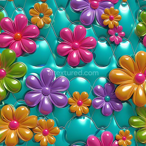 Seamless 3D Inflated Vinyl PBR Texture Featuring Colorful Puffy Floral Panels