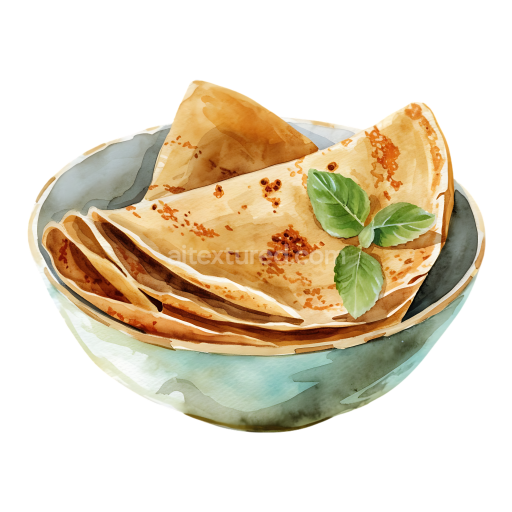 Watercolor Style Buckwheat Crepes Breakfast PNG with Fresh Basil