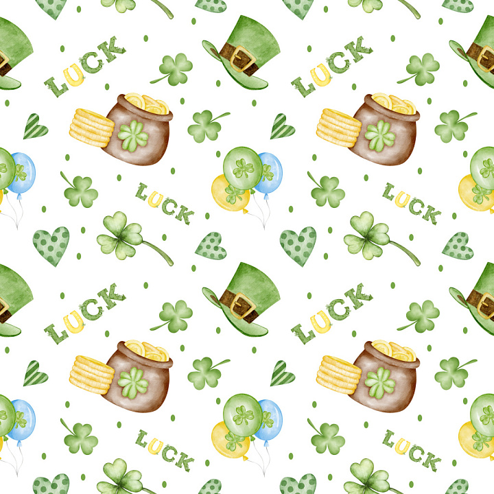 Pattern with St Patricks Day Watercolor Motifs and Playful Rhythm seamless PBR texture preview