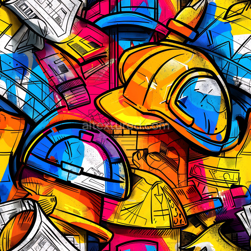 Seamless 3D PBR Graffiti Texture Featuring Bright Helmets and Sketch Elements