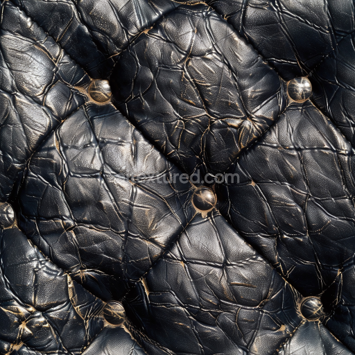 Seamless 3D Quilted Black Aged Leather PBR Texture with Button Detailing and Weathered Grain