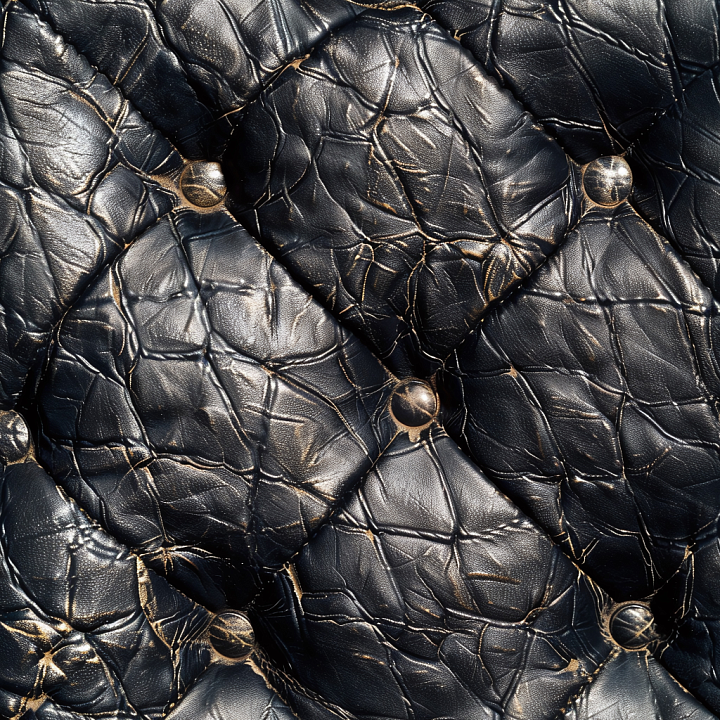 Quilted Black Aged Leather with Button Detailing and Weathered Grain seamless PBR texture preview