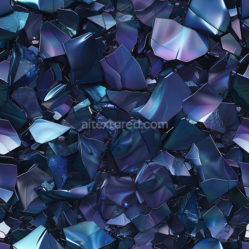 Seamless 3D shattered glass PBR texture with reflective blue and purple shards