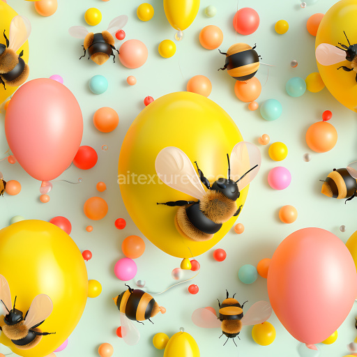 Seamless 3D Inflated Balloon PBR Texture with Colorful Spheres and Bumblebee Motifs