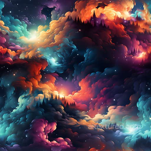 Space Texture Featuring Vibrant Nebula Clouds and Cosmic Forest Silhouettes seamless Star, space, planets PBR texture