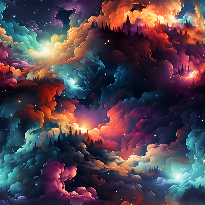 Space Featuring Vibrant Nebula Clouds and Cosmic Forest Silhouettes seamless PBR texture preview