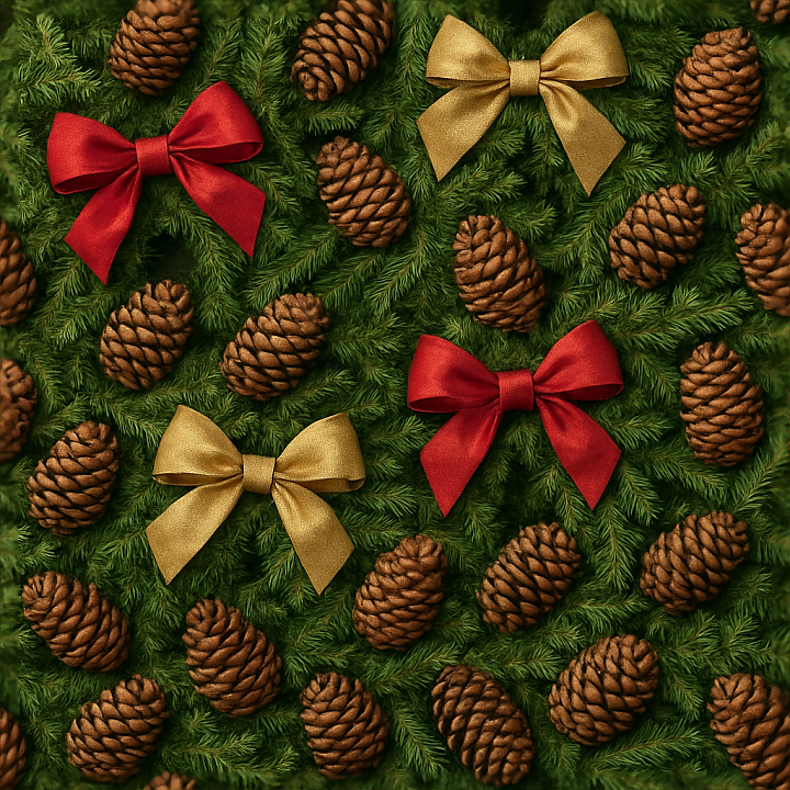 Pine Cones Christmas Wreath Red Ribbon Gold Ribbon Wood seamless PBR texture preview