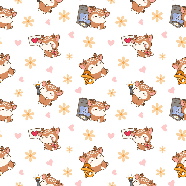Pattern with Cute Cartoon Deer Motifs and Floral Accents seamless PBR texture preview