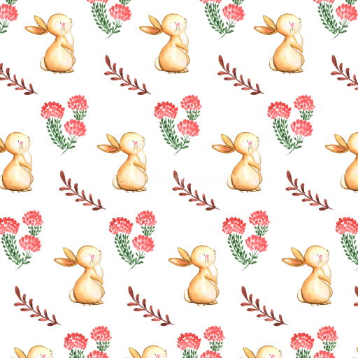 Seamless 3D PBR Digital Paper Texture Featuring Cute Bunny and Red Floral Motifs