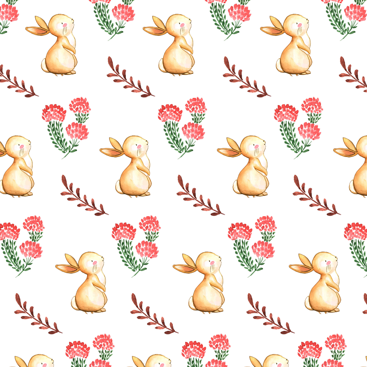 Digital Paper Featuring Cute Bunny and Red Floral Motifs seamless PBR texture preview