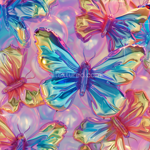 Seamless 3D Inflated PBR Texture Featuring Iridescent Inflated Butterfly Balloons