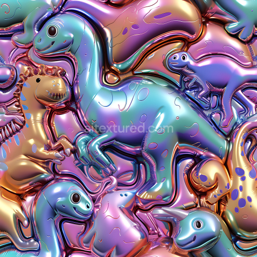 Seamless 3D Inflated PBR Texture of Reflective Dinosaur-Shaped Vinyl Panels in Iridescent Colors