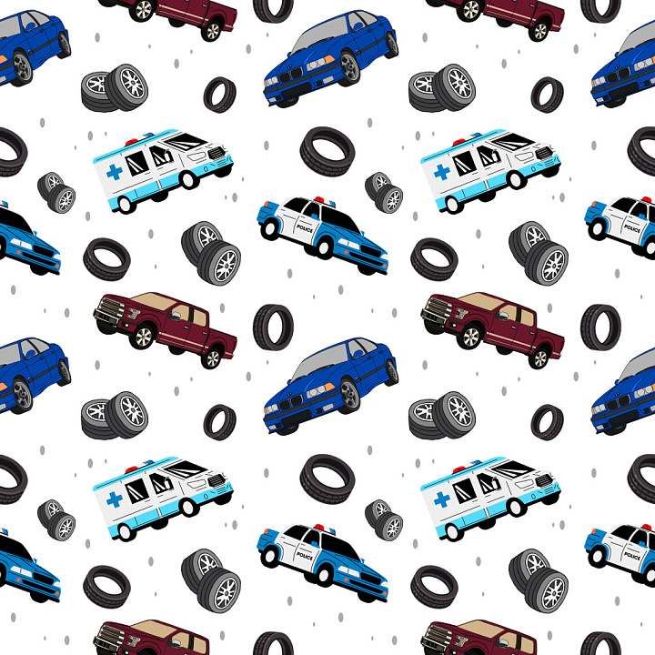 Pattern Featuring Cartoon Vehicles and Tires in Bright Colors seamless PBR texture preview
