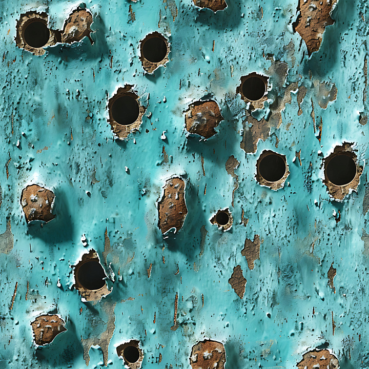 Cracked & Holes of Rusted Blue Metal Surface with Peeling Paint and Irr… seamless PBR texture preview