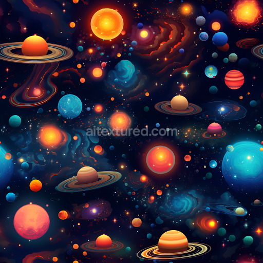 Seamless 3D Space PBR Texture Featuring Colorful Planets and Galactic Nebulae