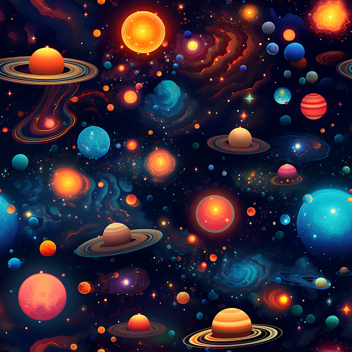 Space Featuring Colorful Planets and Galactic Nebulae seamless PBR texture preview