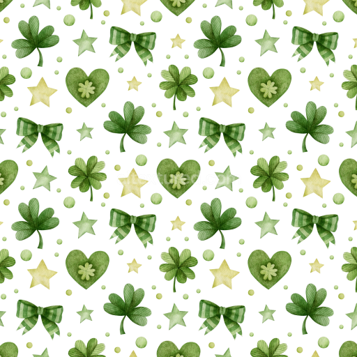 Seamless 3D PBR Watercolor St Patrick Pattern Texture with Shamrocks, Hearts, Stars, and Bows