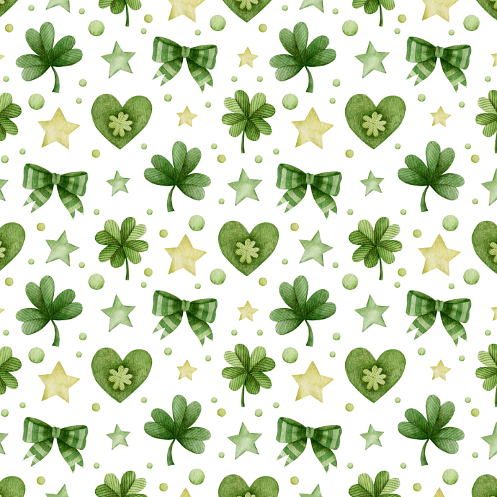 Watercolor St Patrick Pattern with Shamrocks, Hearts, Stars, and Bows seamless PBR texture preview