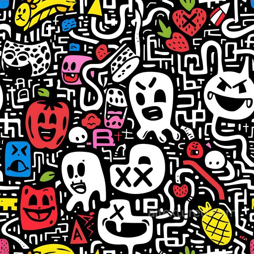 Seamless 3D PBR Texture Featuring Colorful Cartoon Graffiti Characters and Shapes texture preview
