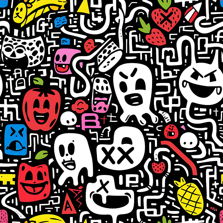 Featuring Colorful Cartoon Graffiti Characters and Shapes seamless PBR texture preview
