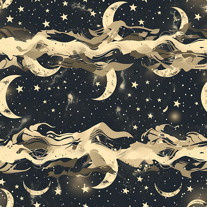 Celestial Camouflage Featuring Moons, Stars & Abstract Waves seamless PBR texture preview