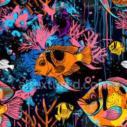 seamless Seamless 3D PBR Graffiti Texture Featuring Vibrant Coral Reef Fish and Abstract Oceanic Patterns texture 8k free download PBR
