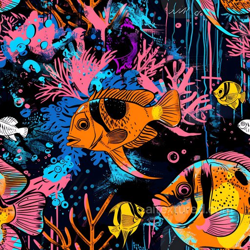 Seamless 3D PBR Graffiti Texture Featuring Vibrant Coral Reef Fish and Abstract Oceanic P… texture preview