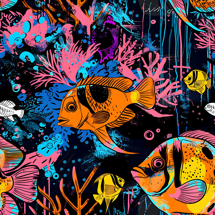 Graffiti Featuring Vibrant Coral Reef Fish and Abstract Oceanic Patterns seamless PBR texture preview