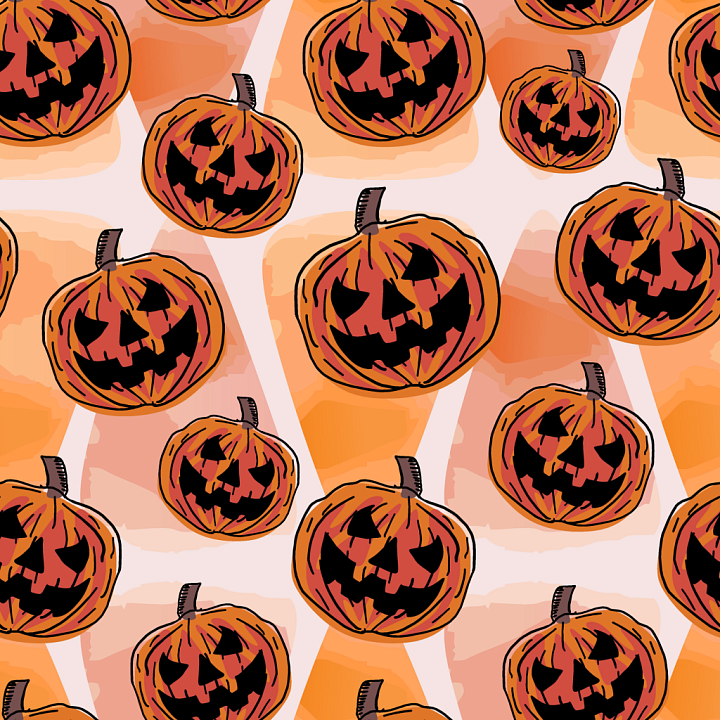 Watercolor Halloween Pumpkin with Hand-Painted Jack-O'-Lanterns seamless PBR texture preview