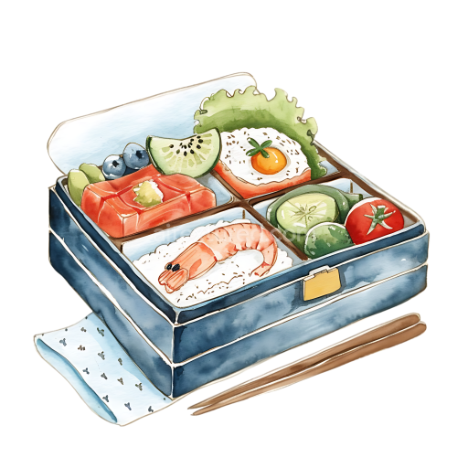 Watercolor Bento Box Breakfast Illustration with Shrimp, Salmon, Egg, and Fresh Vegetables