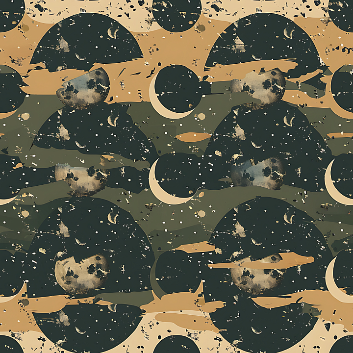 Stylized Desert Space Camouflage with Celestial Patterns seamless PBR texture preview