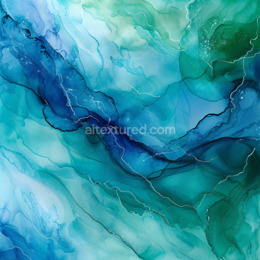 Seamless 3D Alcohol Ink PBR Texture with Teal and Blue Fluid Waves and Delicate Veining