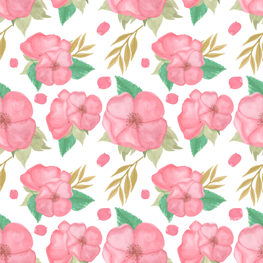Pink Flower Texture of Hand-Painted Pink Flowers with Green Leaves seamless Pink Flower PBR texture