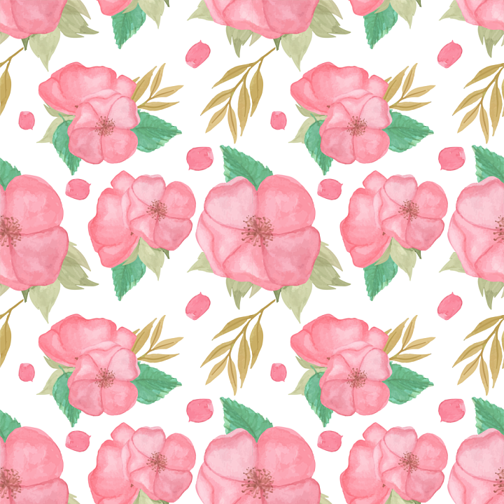 Pink Flower of Hand-Painted Pink Flowers with Green Leaves seamless PBR texture preview