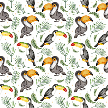 Seamless 3D Pattern PBR Texture Featuring Watercolor Tropical Toucans and Green Leaves texture preview