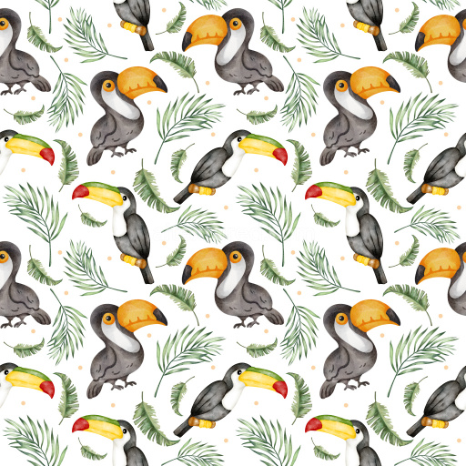 Pattern Bundle - Seamless 3D Pattern PBR Texture Featuring Watercolor Tropical Toucans and Green Leaves texture preview