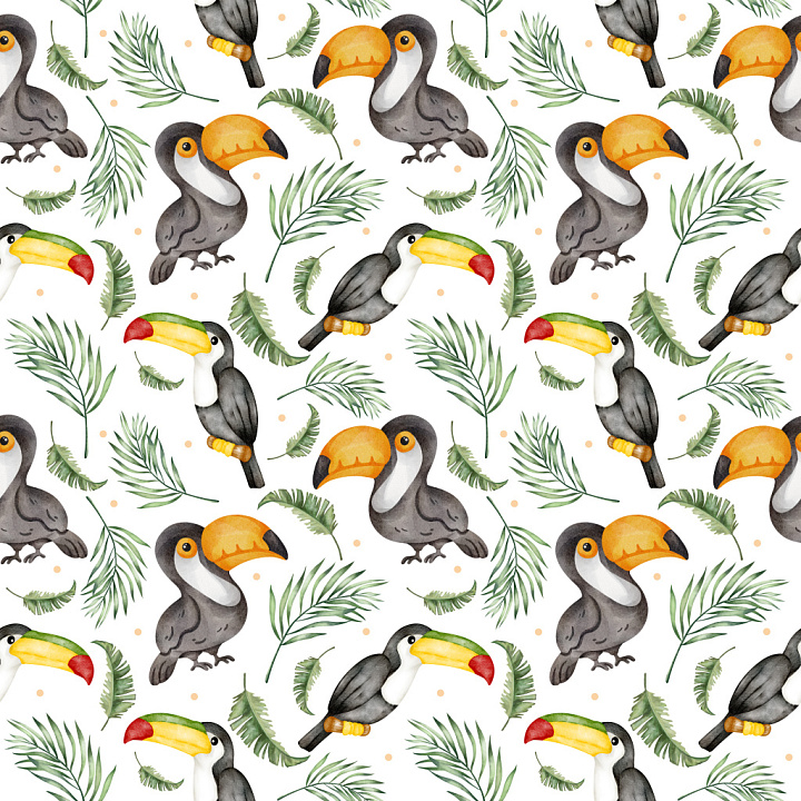 Pattern Featuring Watercolor Tropical Toucans and Green Leaves seamless PBR texture preview
