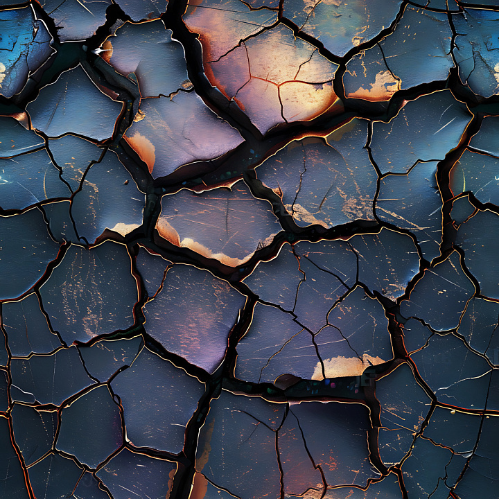Cracked Metal Surface with Iridescent Color and Jagged Fractures seamless PBR texture preview