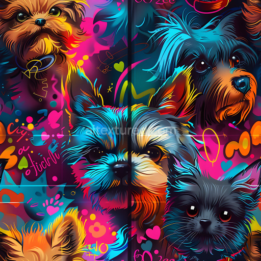 Seamless 3D PBR Graffiti Texture Featuring Vibrant Dog Portraits and Neon Tags